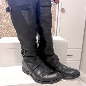 Mix Mooz- Black criss cross leather riding boots with buckle detail